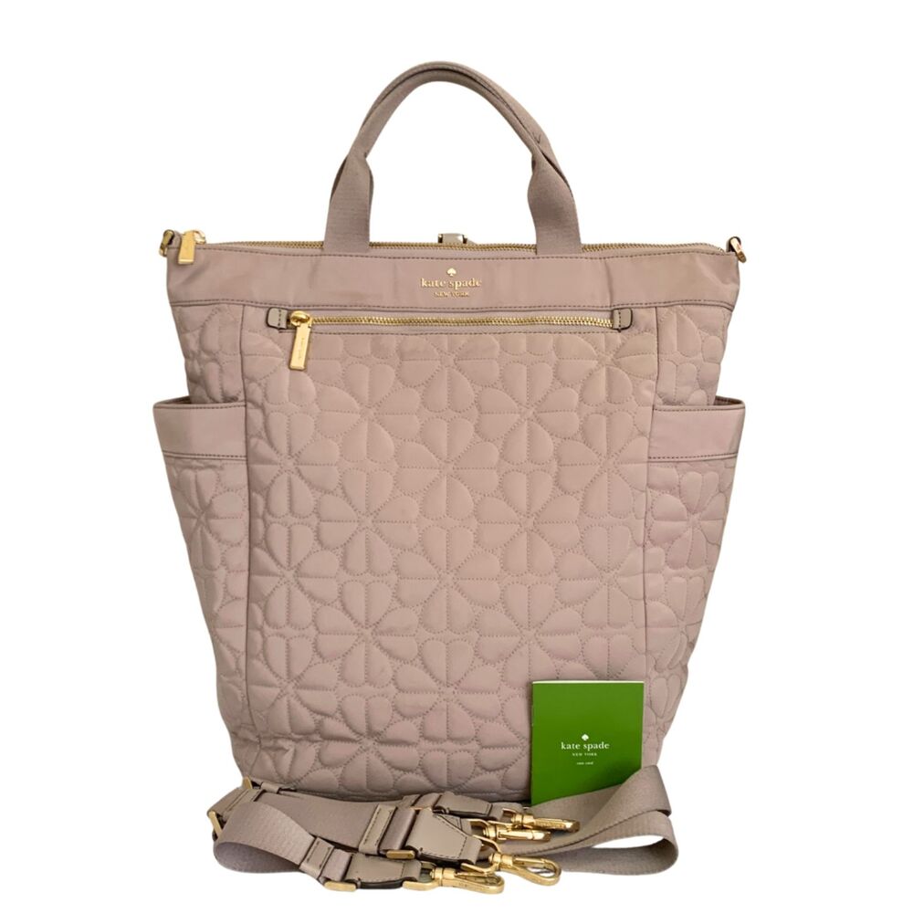Kate Spade Quilted Convertible Backpack Tote Taupe Nylon Gold Hardware